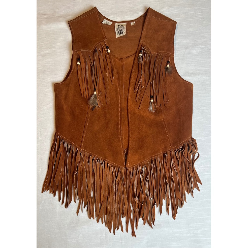 Vintage HB Suede Leather Fringe Vest Brown Boho Western Cowgirl Large USA